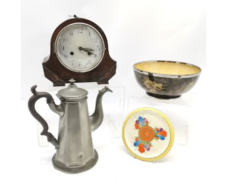 Clarice Cliff crocus teapot stand (17cm), St Albans fruit bowl, oak cased mantel clock &amp; Victorian pewter coffee pot by G