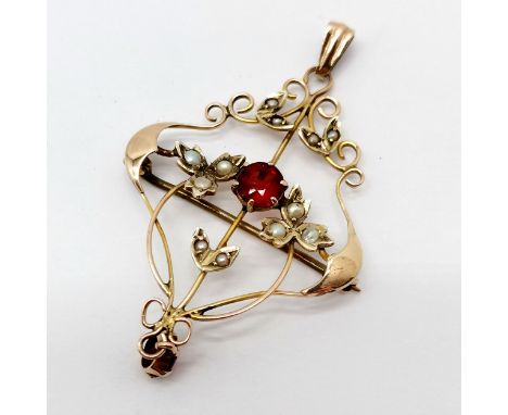 Antique 9ct marked gold Art Nouveau pendant / brooch set with red stone &amp; seed pearl - 4cm drop &amp; 2.9g