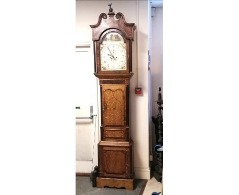 Antique mahogany grandfather clock by E. Clay of Birmingham with hand painted dial and strung inlaid detail to the case - 245