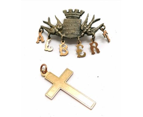 Antique 9ct marked gold cross (3cm &amp; 1.3g) t/t antique unmarked silver &amp; gold ALBERT brooch ~ SOLD IN AID OF LOCAL CH