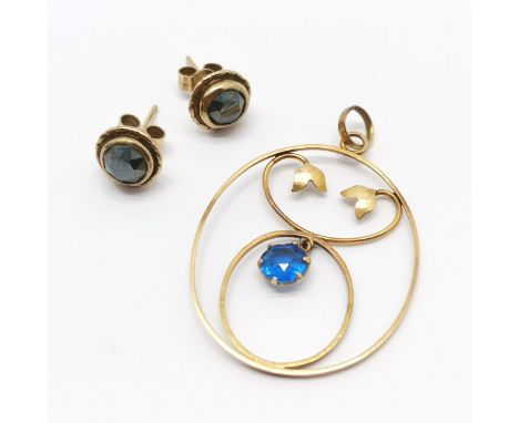 Antique 9ct marked gold Art Nouveau pendant set with blue stone (4cm drop) t/w pair of unmarked gold hematite stud earrings -