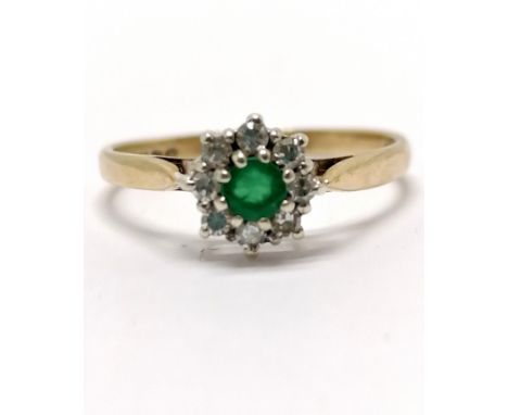 9ct hallmarked gold emerald &amp; diamond cluster ring - size K &amp; 1.3g total weight