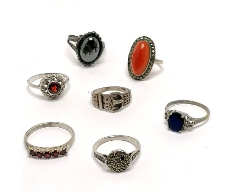 6 x silver rings inc stone set t/w blue stone ring ~ total weight (lot) 20g - 2 slight a/f