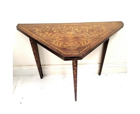 Antique Dutch marquetry fold over card table, decorated with all over inlay of birds, flora and fauna, needs attention loose 