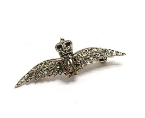 Vintage 9ct hallmarked white gold RAF sweetheart brooch set with diamonds &amp; with enamel detail in a James Walker (Kingsto