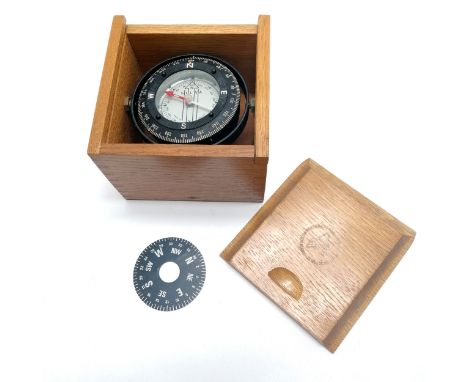 Silva marine compass type 33/L with original instruction book in wooden case with spare dial ~ box 13cm square x 9.5cm high