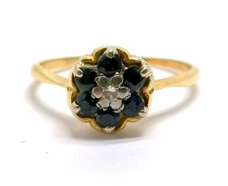 18ct marked gold sapphire &amp; diamond cluster ring - size N½ &amp; 2.6g total weight - SOLD ON BEHALF OF THE NEW BREAST CAN