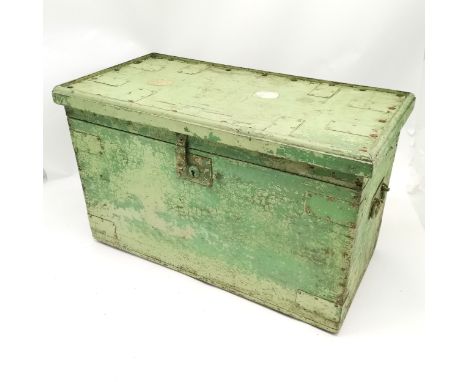 Antique green painted small trunk with original paper lining 64cm x 33cm x 38cm high