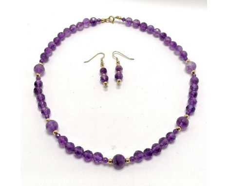 9ct marked gold facetted amethyst / gold bead 44cm necklace with matching unmarked gold mounted earrings (4.5cm drop)