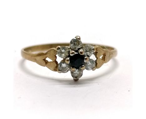9ct hallmarked gold sapphire / white stone cluster ring with double heart detail to shoulders - size S &amp; 1.1g - SOLD ON B