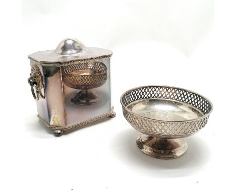 Silver plated tea caddy with lion mask handles &amp; hinged lid (12cm high &amp; signs of wear) t/w Mappin &amp; Webb bon bon