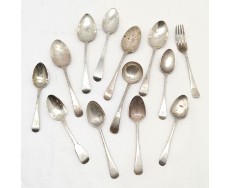 13 x silver cutlery inc Exeter fork (20cm) by John Legg, Georgian serving spoons + table spoons &amp; ladle - total weight (l
