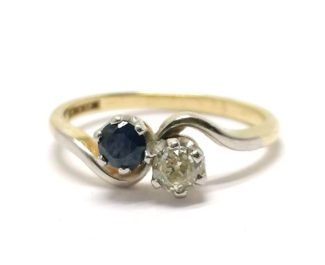 Antique 18ct marked gold sapphire &amp; diamond cross over ring - size L½ &amp; 2.6g total weight ~ sapphire has wear to ston