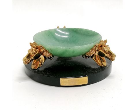 Hong Kong jockey club trophy with jade dish &amp; horse head support detail on a black onyx base with unmarked gold plaque - 