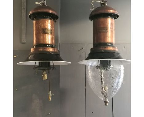 Pair of Antique Meridian patent copper Arc Lamp by Crathorne and Green London - 1 with the original shade and 1 later shade p