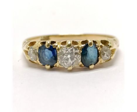 Antique 18ct marked gold sapphire (2) & diamond (3) stone set ring - size L½ & 2.7g total weight