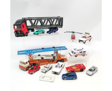 Qty of vintage vehicles inc emergency service, corgi transporter, cars etc