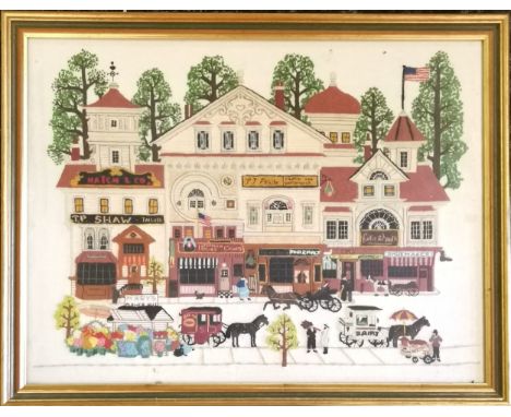 Hand embroidered depiction of American vintage street scene - frame 44cm x 56cm ~ SOLD IN AID OF STALBRIDGE COMMUNITY CHARITY