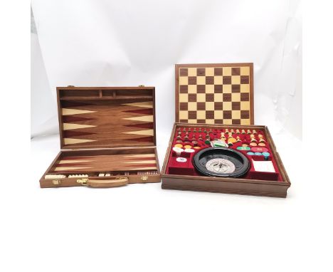 Games compendium in wooden box including roulette, chess etc (not complete) and box a/f T/W a wooden cased backgammon set