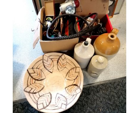 Qty of misc inc leather bull whip, cigarette cards, moneybox Girl guide badges, 2 stoneware jars, large bowl (cracked) etc