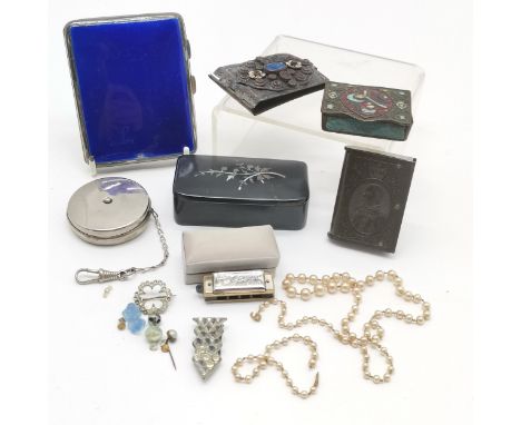 Qty of mostly boxes inc vulcanite EVII vesta, antique Turkish enamel vesta box, Golden cup miniature harmonica etc