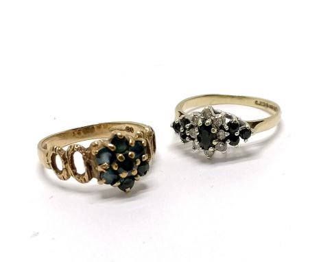 2 x 9ct hallmarked gold rings set with sapphires (1 also with diamonds - size M) - 4.5g total weight