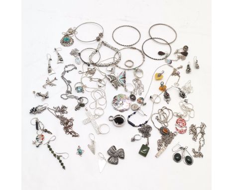 Qty of mostly silver jewellery inc Azul 950 earrings, white stone set cross pendant (56mm), opal ring + pendant on chain, 2 a