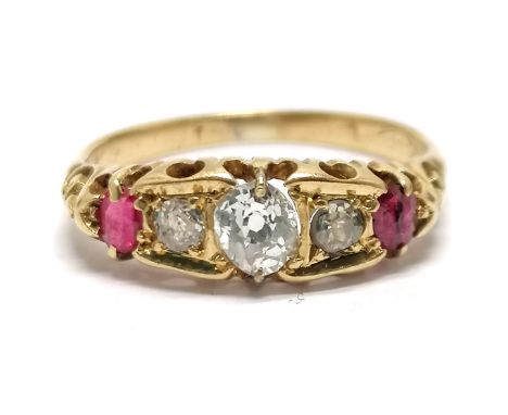 Antique gold (touch tests as 18ct) ruby / diamond 5 stone ring - size N &amp; 2.3g total weight ~ centre stone has been repla
