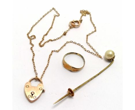 9ct marked gold 40cm neckchain with heart padlock pendant t/w unmarked antique gold pin set with a pearl &amp; a silver and g