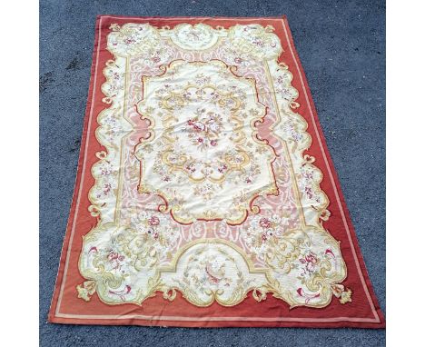 Large Belgian terracotta and cream tapestry rug 172cm x 266cm - in overall good condition