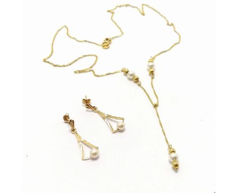 9ct hallmarked gold pearl set necklet (40cm + 4cm pendant drop) t/w matched gold earrings - 1.9g total weight (lot)
