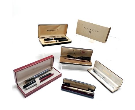 Boxed silver gilt yard-o-led pencil t/w 4 x boxed pens ~ Sheaffer, Waterman's (x2 - 2 with gold nibs) &amp; Cross