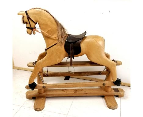 Large carved wooden rocking horse by House of Marbles - 136cm long x 120cm high - has replacement tail, sun bleached &amp; sh