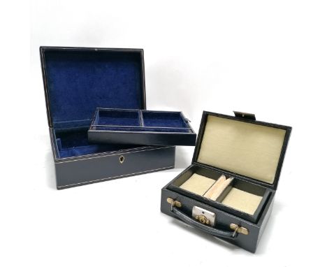 2 x vintage leather jewellery boxes - largest 24cm x 18cm x 9cm (has key) ~ the smallest has slight losses to the back