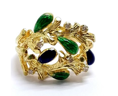 18ct marked gold designer ring set with diamonds and blue / green enamel detail - size Q½ &amp; 10.5g ~ slight losses to enam