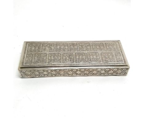 1965 inscribed silver table box presented to V R Manning in Khuzistan Iran decorated with engraved figural detail - 26.5cm x 