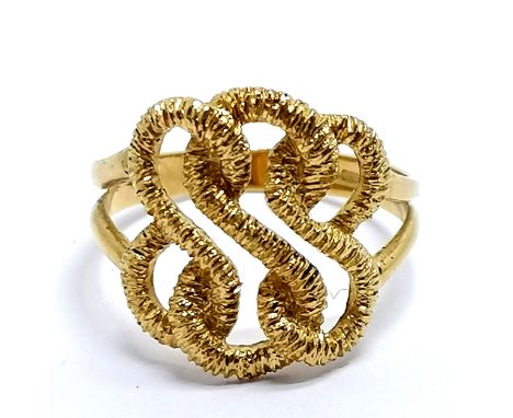 18ct hallmarked gold rope twist open knot design ring by DJE - size P &amp; 4.1g - SOLD ON BEHALF OF THE NEW BREAST CANCER UN
