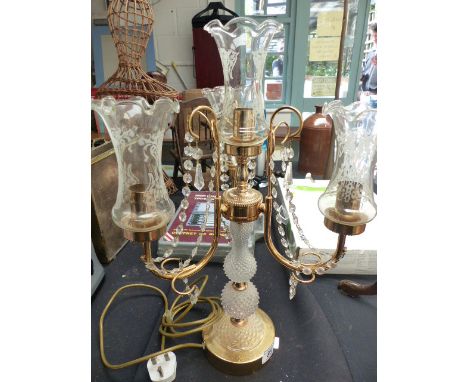 Brass and hobnail glass three branched table lamp 