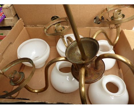 Five branched brass ceiling light with shades