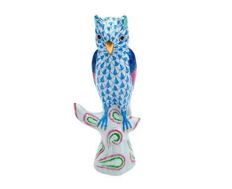 Colorful hand-painted figure of a perched owl in the classic blue fishnet scale pattern with green/pink/blue wings. Herend Hu