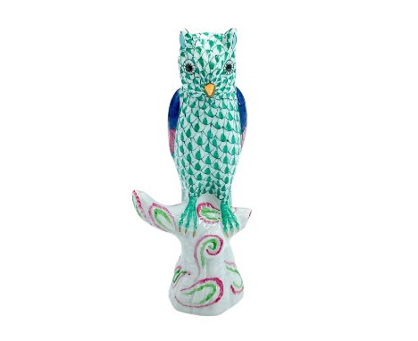 Colorful hand-painted figure of a perched owl in the classic green fishnet scale pattern with turquoise/pink/royal blue wings