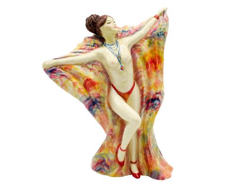 Glossy figure of a nude dancer holding a colorful cloth behind her.Kevin Francis and Peggy Davies Ceramics backstamps. 'Speci