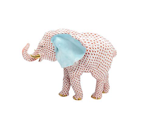 Hand-painted figure of a majestic elephant in a classic light red fishnet scale pattern with gold accents on tusks and feet. 