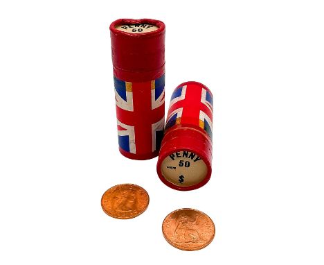 Bank rolls with the Union Jack; each roll contains 50 bronze penny coins.Reverse side of the penny shows Britannia seated wea