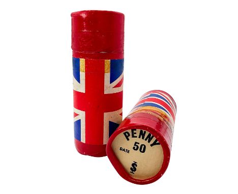 Bank rolls with the Union Jack; each roll contains 50 bronze penny coins.Reverse side of the penny shows Britannia seated wea