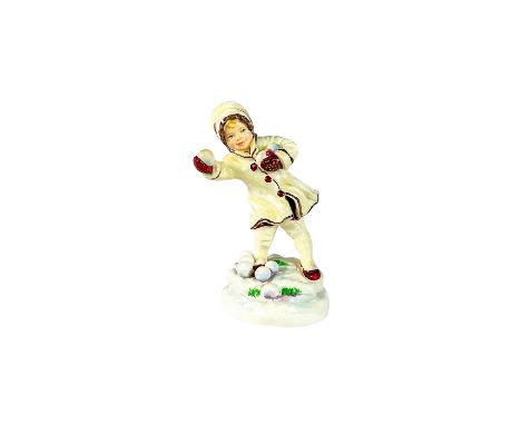 Month of the Year series. Modeled as child in white outfit with burgundy details throwing snowballs.Royal Worcester backstamp