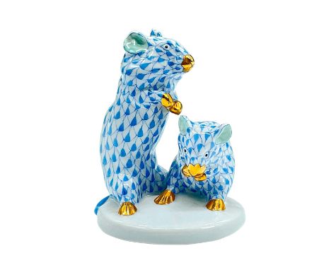 Hand-painted figure of a pair of hamsters in the classic blue fishnet scale pattern with gold accents on the feet, hands and 