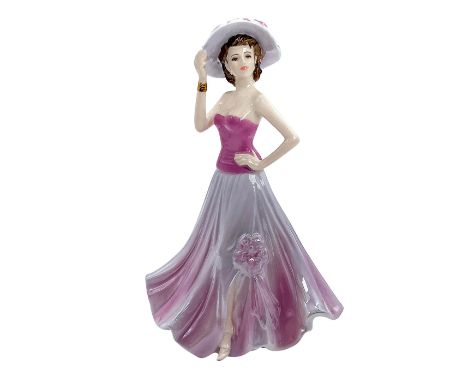 Bone china that is part of the Ladies Of Fashion. Depicts lady in a purple ombr' effect strapless dress with matching hat; go