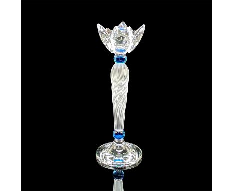 Part of the Our Candleholders theme. A clear base with a frosted spiral column and clear floral sconce, accented with blue cr