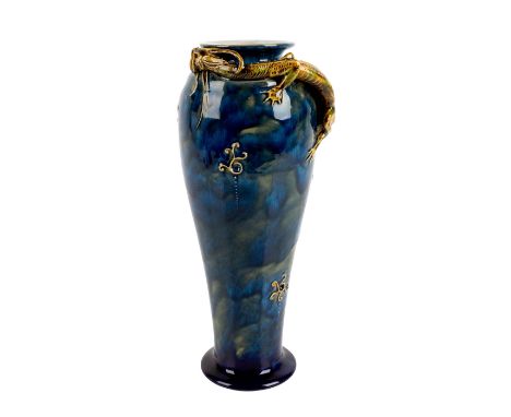 Art Union of London piece. Glossy stoneware vase with dragon. Vase is initialed by the artist on the bottom.Striking three di